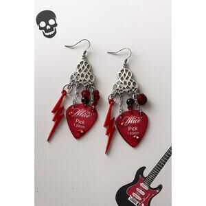 Red Lightning Bolt Guitar Pick Earrings 
Rocker Punk Statement Jewelry, Handmade